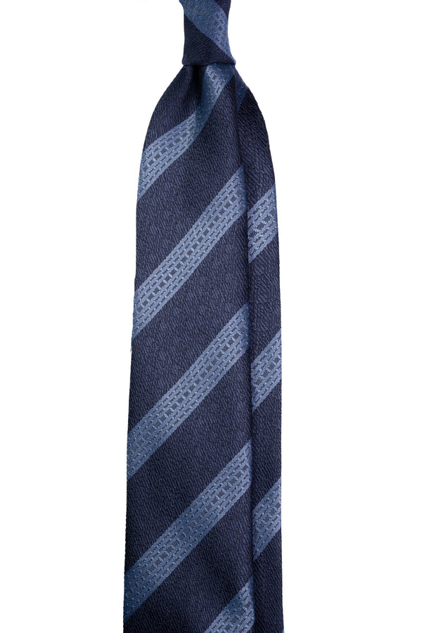 Men's Wide Stripe Blue & White Jacquard Silk Tie - Formal Necktie By Elfeves