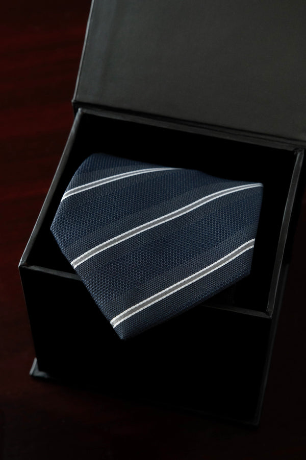 Grey on Navy Silk Jacquard Tie