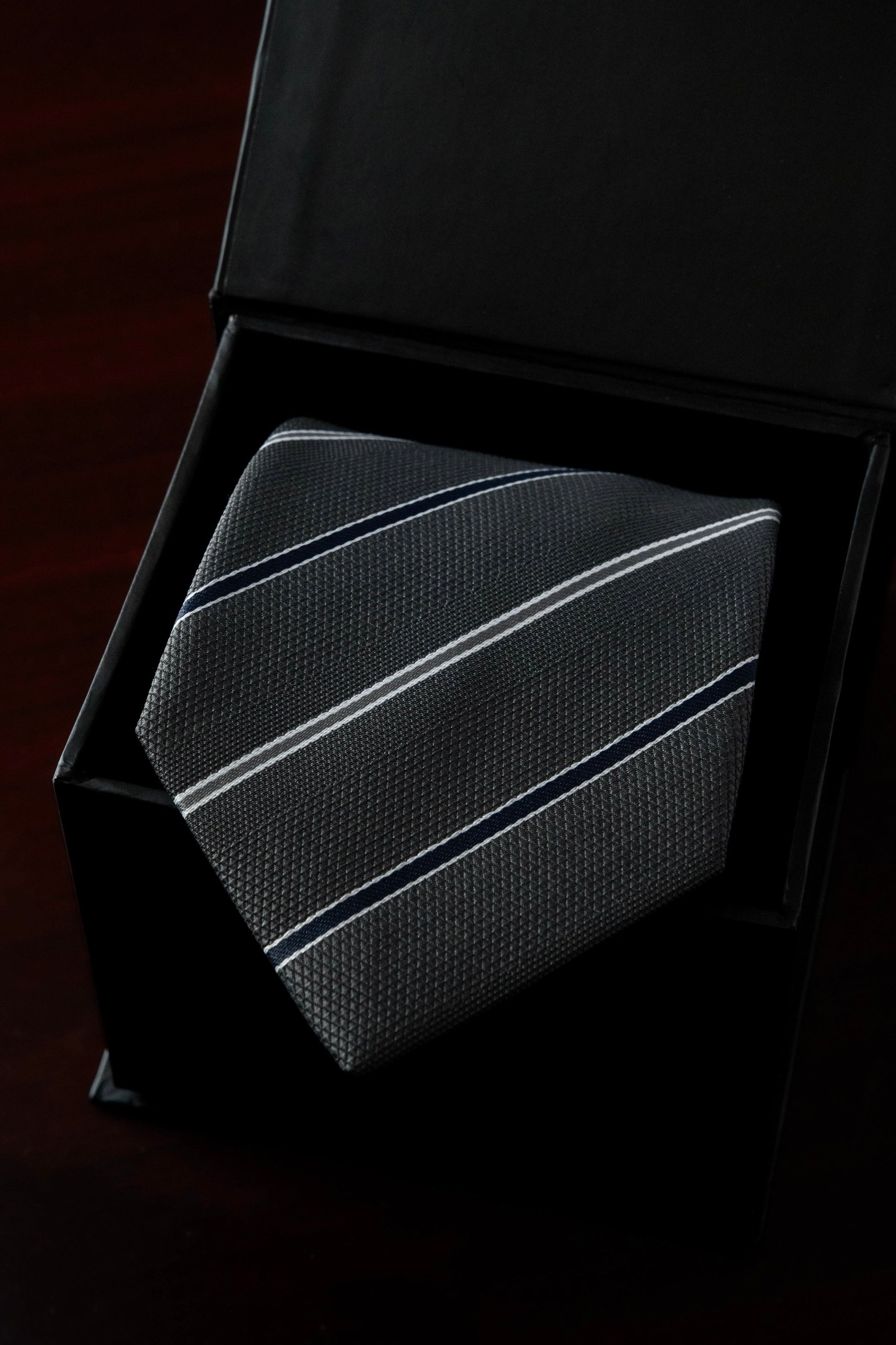 Navy on Grey Striped Jacquard Tie