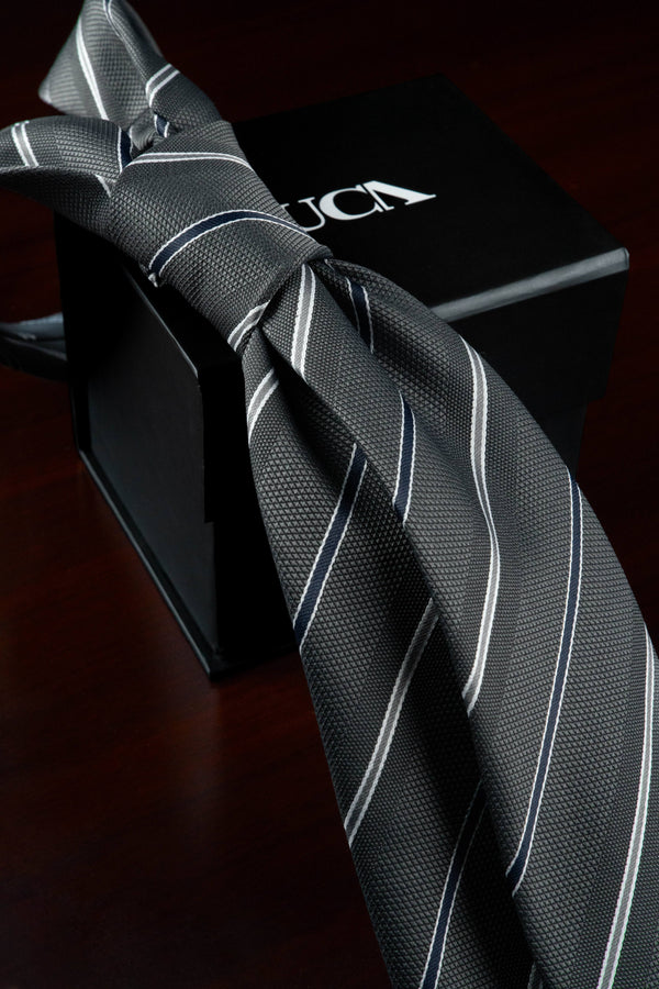 Navy on Grey Striped Jacquard Tie