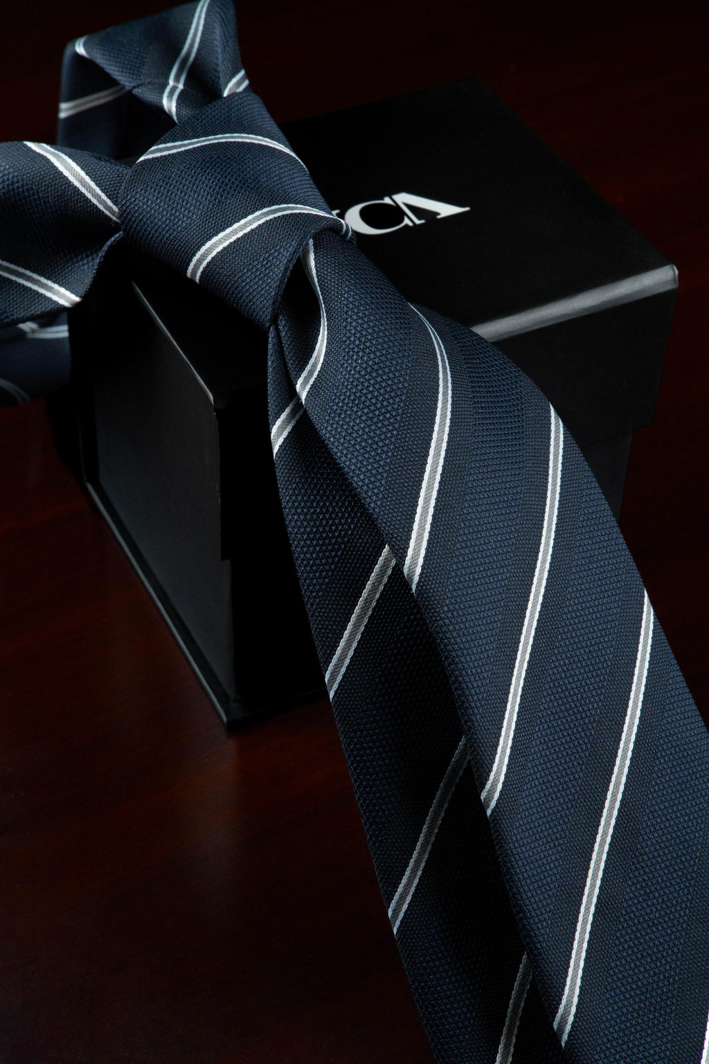 Grey on Navy Silk Jacquard Tie