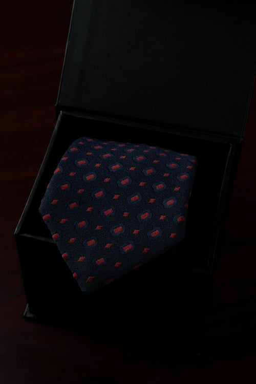 Garnet Glow on Navy Silk Jacquard Tie
